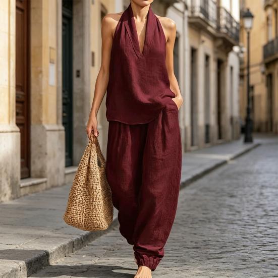 Completi due pezzi in cotone e lino da donna Top senza maniche con scollo a V e incrocio Pantaloni a gamba larga coordinati Outfit estivi per vacanze e relax
