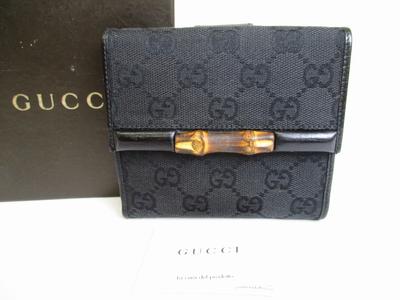 Authentic GUCCI GG Black Canvas Bamboo Bifold Wallet Compact Wallet #8353 Open Box