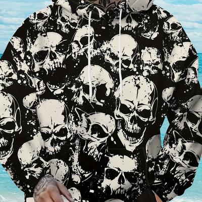 Men's Plus Size 3D Skull Print Hoodie Streetwear Top, PLUS SIZE