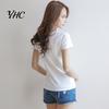 Round Neck Tee Women Summer T-shirt V-neck Short Sleeve Slim Fit Shirt Solid Color Pullover Tops Stretchy Bottoming Streetwear