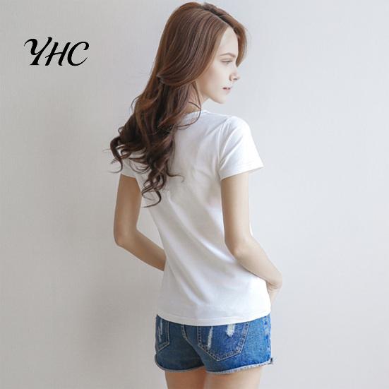 Round Neck Tee Women Summer T-shirt V-neck Short Sleeve Slim Fit Shirt Solid Color Pullover Tops Stretchy Bottoming Streetwear