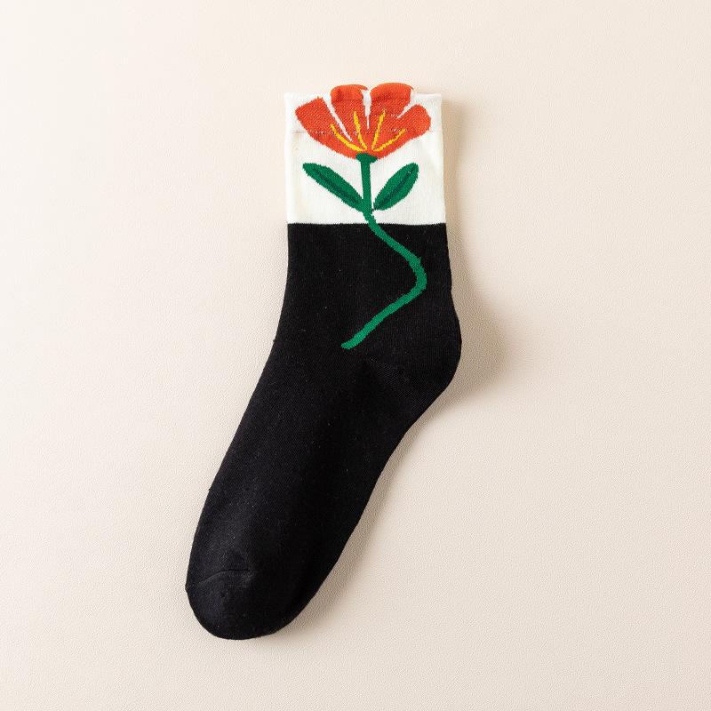 Women's Autumn and Winter Tulip Mid-calf Women's Socks Trendy Women's Style Flower Women's Mid-calf Cotton Black and White Long Socks