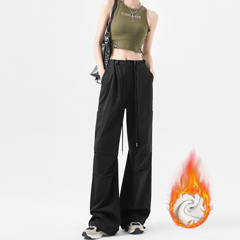 

Work Pants for Women with Fleece New Loose Straight-leg Casual Wide-leg Parachute Pants S