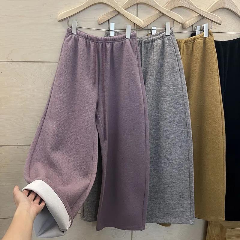 

Штани для жінок великих розмірів, потовщені, еластичні, з високою посадкою, довгі, однотонні, флісові, повсякденні штани з широкими штанинами XXXL фіолетовий