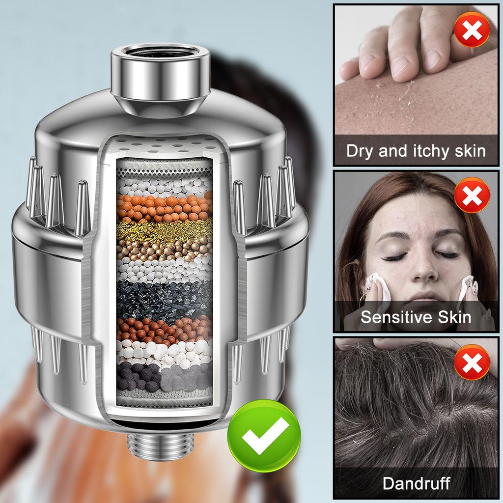 20-Stage Hard Water Shower Filter Stainless Steel Shower Water Filter Water Softener Shower Head Filter with 2 Filter Elements