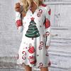 Women's Christmas Printed Dress Loose V-neck Casual Long Sleeved Dress