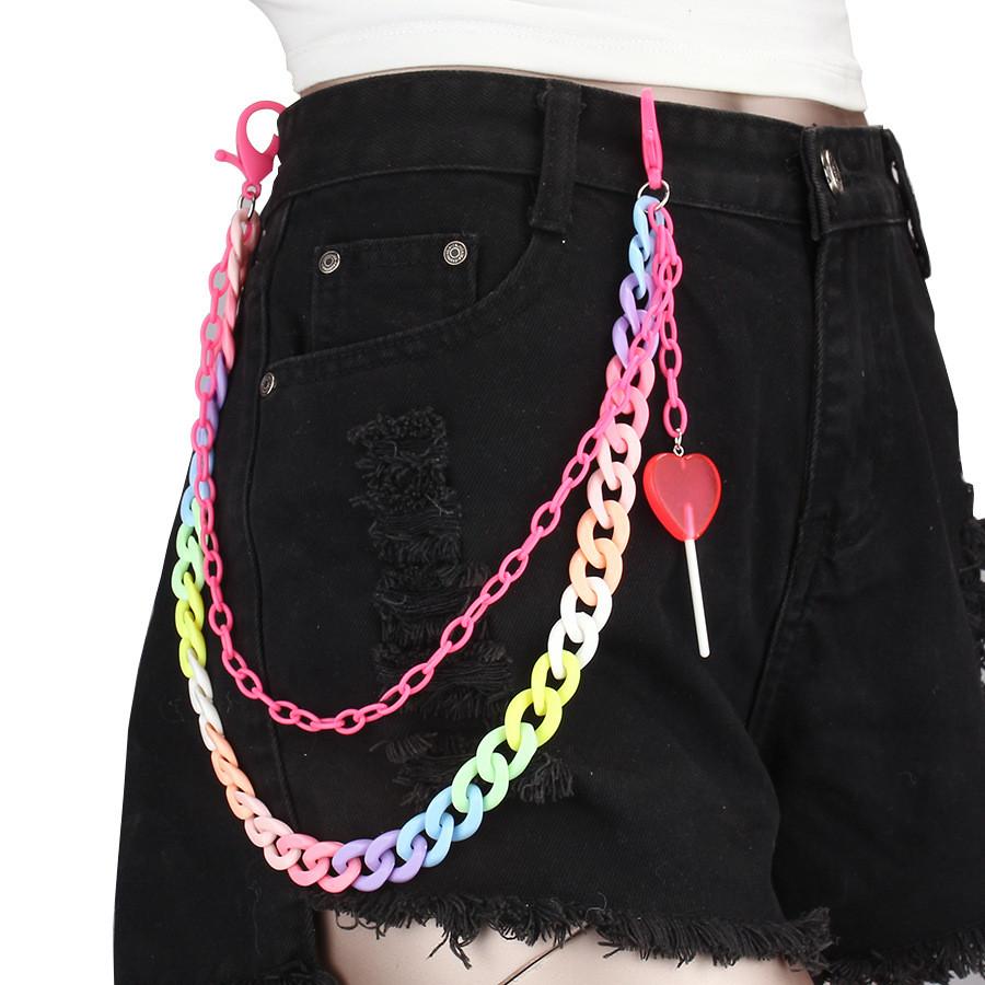 Candy Color Double Layer Resin Belt Chain With Heart Lollipop Decor For Unisex Adults
