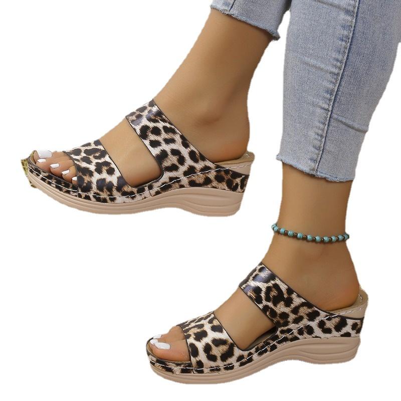 Fashion Shoes for Women Summer Women's Slippers Leopard Print Mid Heel Water Proof Wedge Open Toe Beach Slippers Women