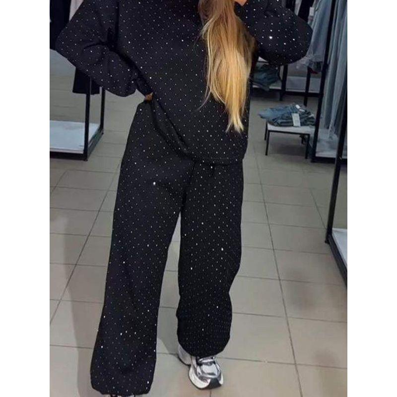2025 Cross-Border Autumn and Winter Women clothes Casual round Neck Long sleeve Hoodie Full Body Hot Drilling Drawstring Ankle-Tied Trousers Set Suit