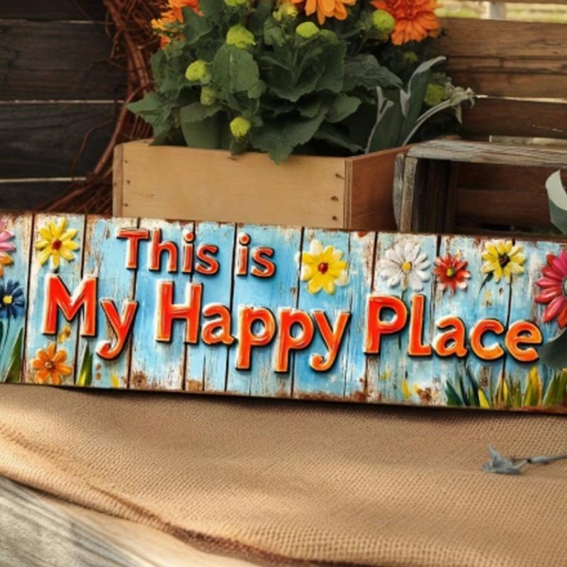 Happy Place Metal Wall Hanging Sign Garden Decors Florals Pattern Plaque For Family Gatherings And Festives Event
