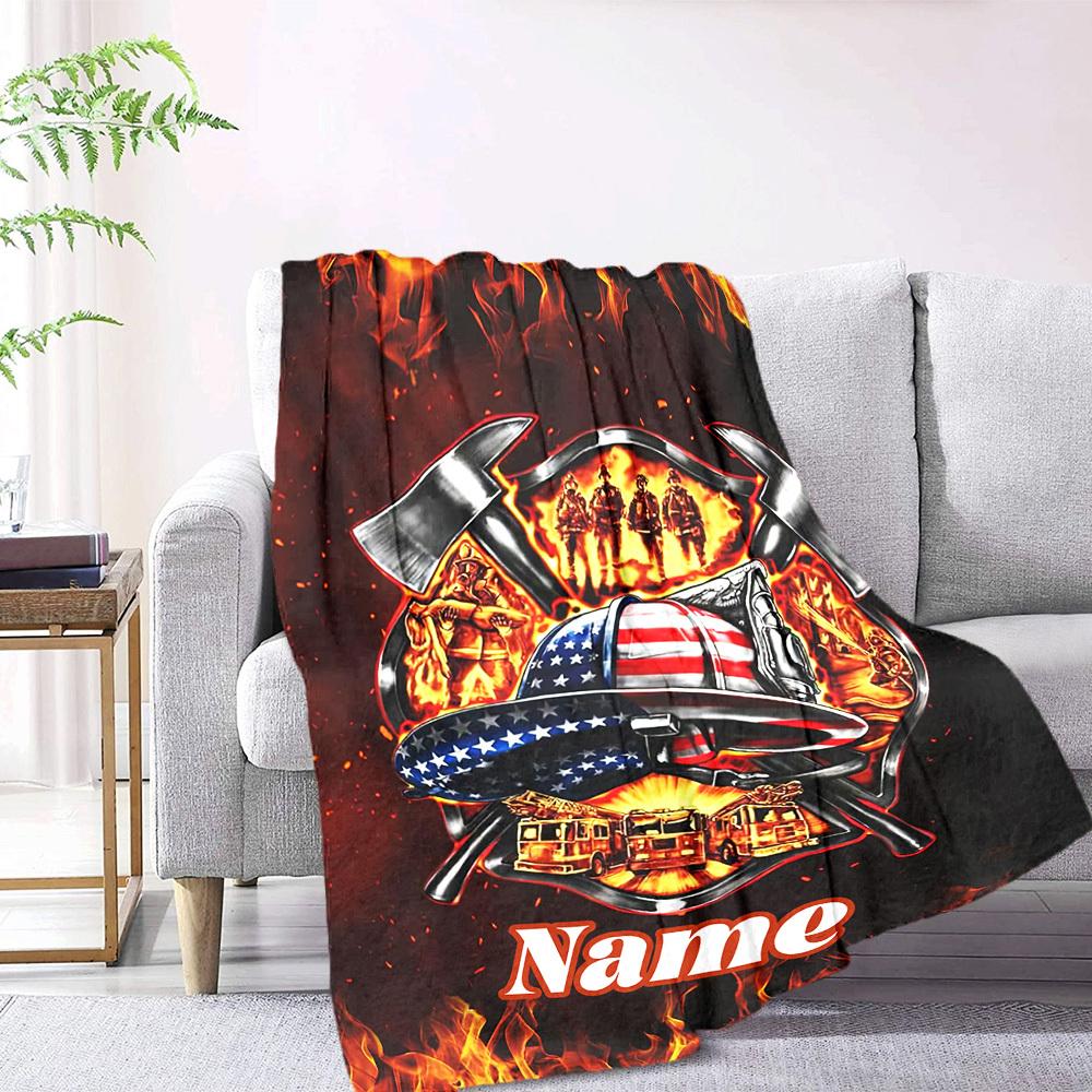 Firefighter Pride American Flag Helmet And Axes Lightweight Blanket Customize Text Soft Cozy Perfect For Sofa Couch Office Bed Picnics Ideal For All