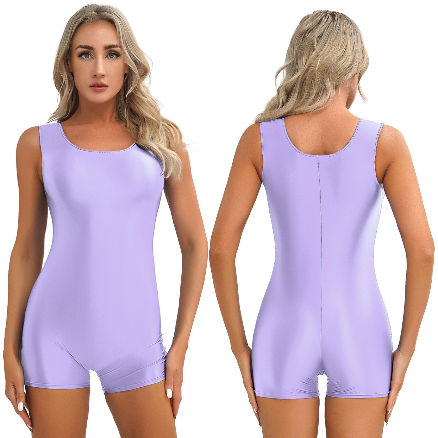 Damen-Overall, glänzend, ärmellos, kurz, einfarbig, dehnbar, U-Ausschnitt, Body für Yoga, Tanz, Bodybuilding, Badeanzug, Schwimmen L licht lila