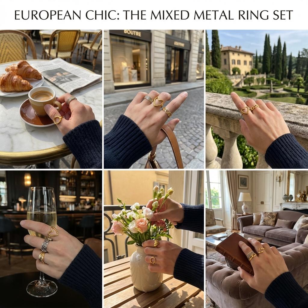 7Pcs Stainless Steel Two Tone Ring Set For Women Hollow Love Heart Shape Liquid Metal Texture Chunky Finger Rings Party Jewelry