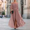 Off-Shoulder Plissiertes Chiffon-Maxikleid für Damen Elastische Taille Halbarm Langes Abendkleid mit Schlitz