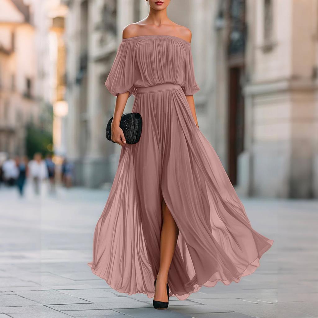 Off-Shoulder Plissiertes Chiffon-Maxikleid für Damen Elastische Taille Halbarm Langes Abendkleid mit Schlitz