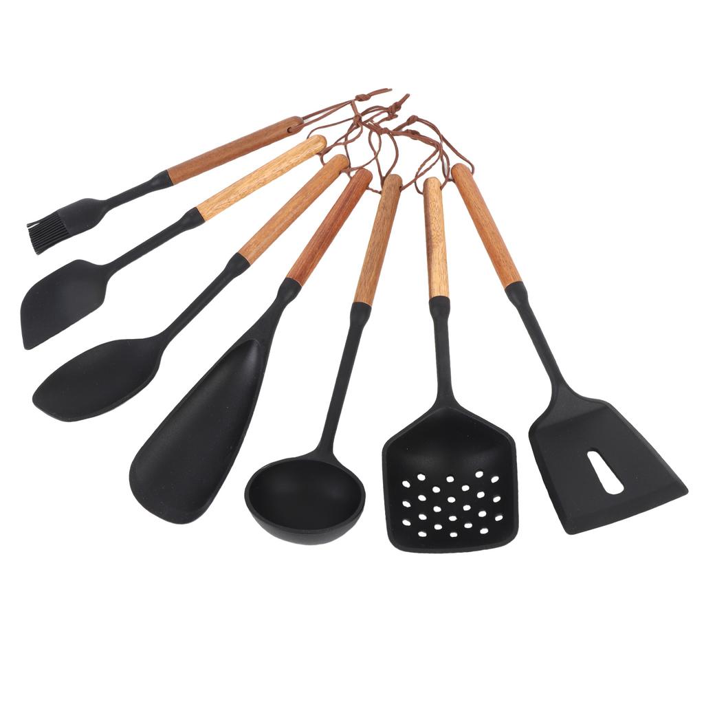 7PCS Kitchen Cooking Utensils Silicone Heat Proof Nonstick Cooking Spatula Turner Spoon Set with Wooden Handle for