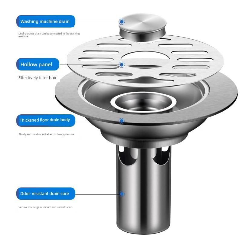Stainless Steel Bathroom Hotel Engineering Deodorizing Filter Floor Drain round Washing Machine Sewer Bathroom Odor Preventer Insect-Proof
