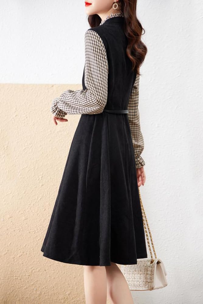 Seira Midi Long Flared Check Ruffle Spring Women's Dress, Sleeve, Dress, Pattern, Neck, A-Line, Stylish, Elegant, Fall, Winter,
