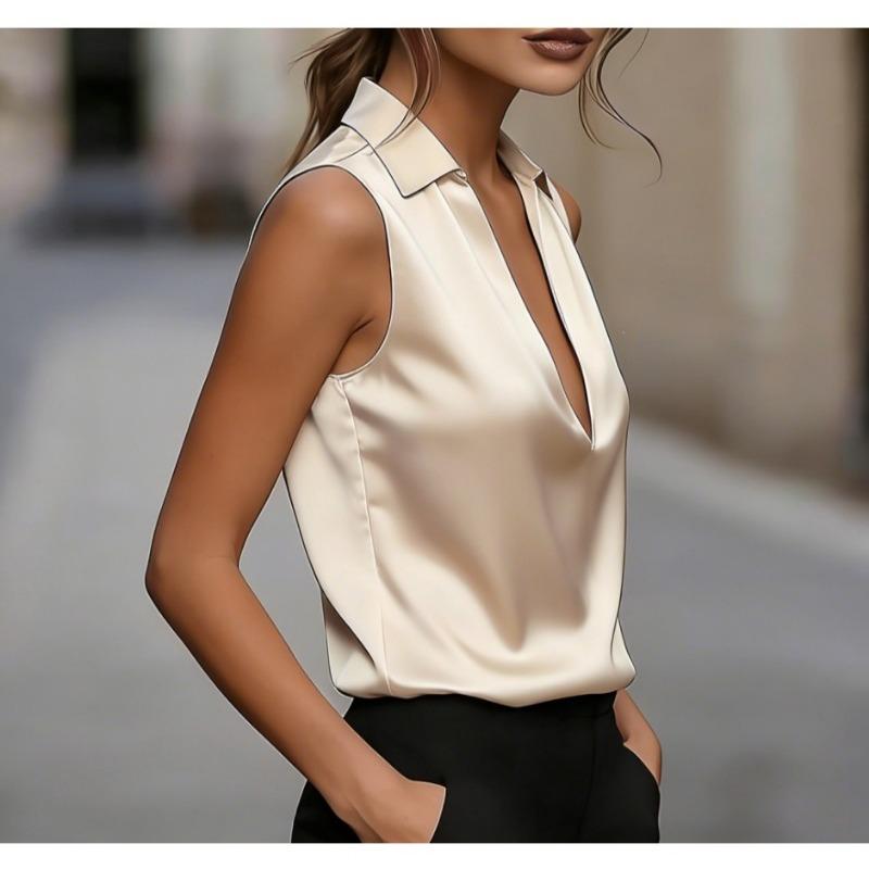 Damen Unifarben Satin V-Ausschnitt Ärmellos Lässig Bluse Top