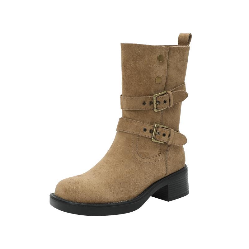 British retro suede medium boots children thick heel thick sole belt buckle cowboy boots lapel two wear spring and autumn short boots