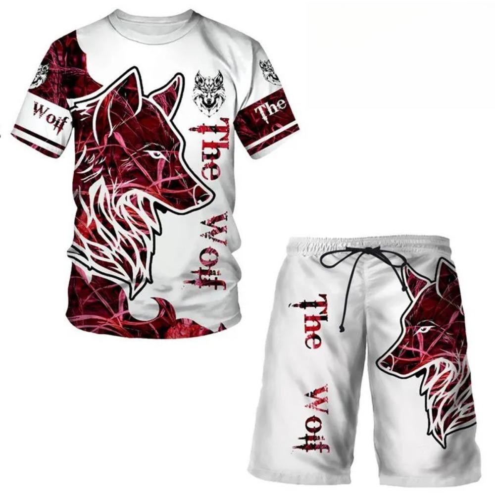 Summer Round Neck 3D Animal Printed Set Fashionable and Casual Short Sleeved Shorts Men's Sport Wear