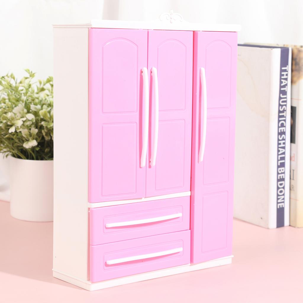 Three-door Pink Modern Wardrobe for Dolls Furniture Clothes Accessories Toys for Girls Baby Toy