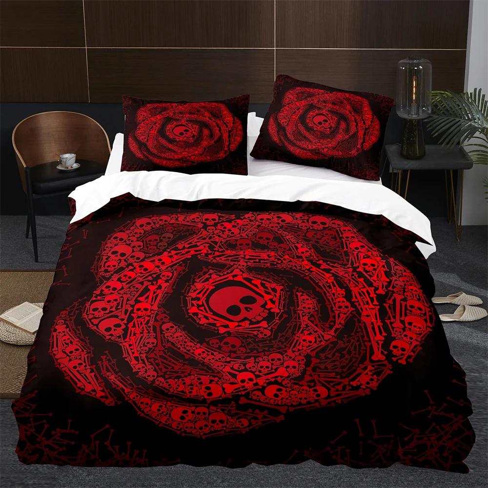 Sugar Skull King Queen Duvet Cover Gothic Skeleton Bones Floral Bedding Set Day Of The Dead Theme 2/3Pcs Polyester Quilt Cover