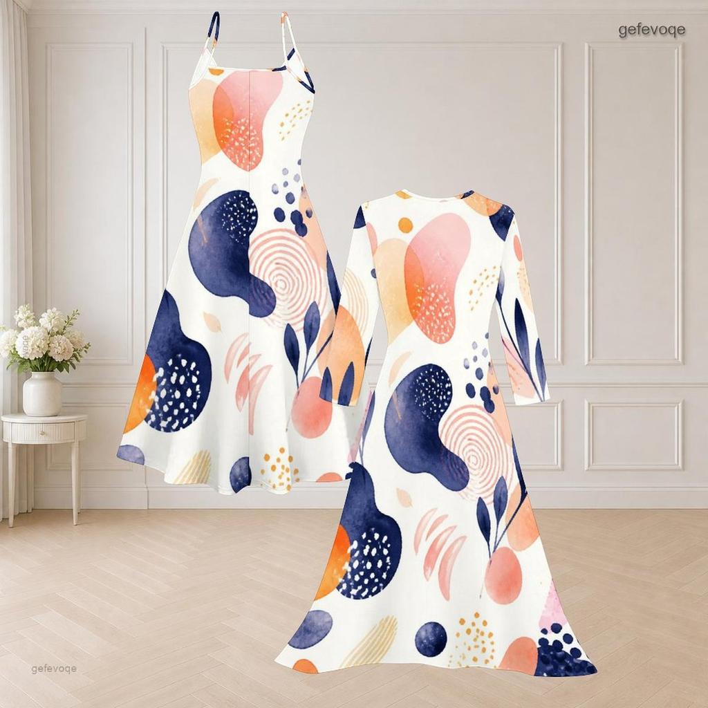Women Plus Size Printed Spaghetti Strap Flared Dress Long Sleeve Open Front Cardigan Two Piece Set