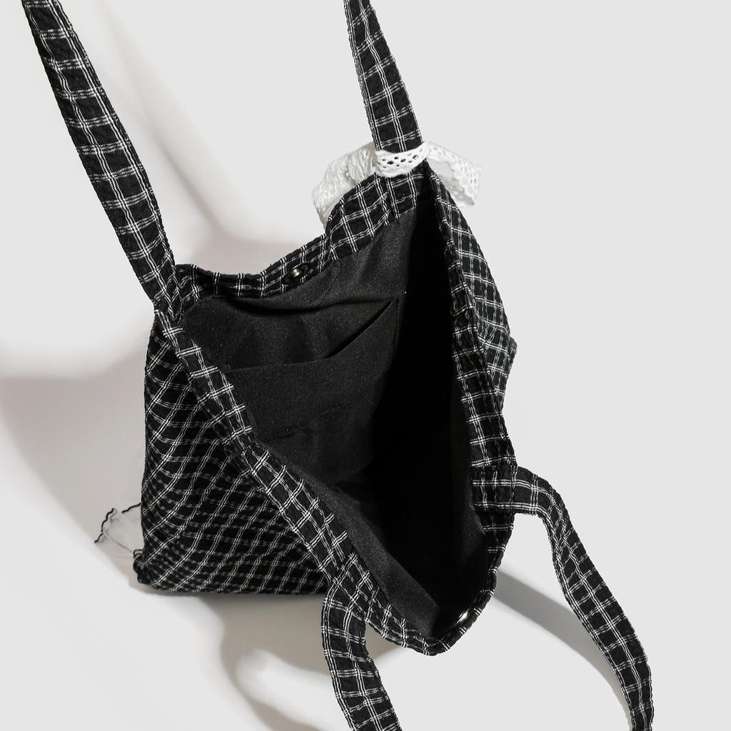 2025 New Niche Design Girl Lace Bow Plaid Shoulder Bag Women's Large-capacity Commuter Tote Bag Tide