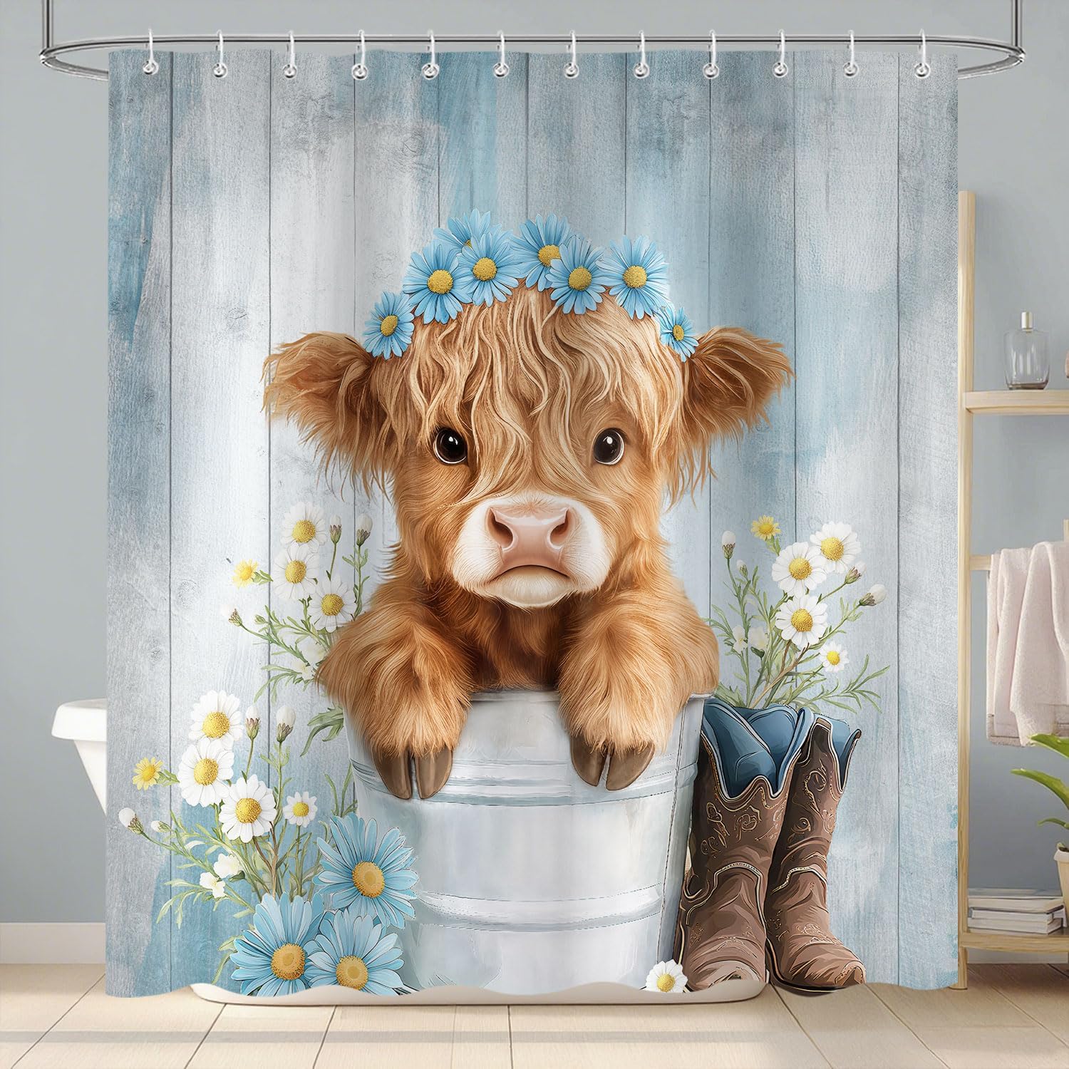 Western Highland Cow Shower Curtain, Funny Cute Art Cow Print Rustic Country Farmhouse Blue Floral Bathroom Decor, Waterproof 90x180cm
