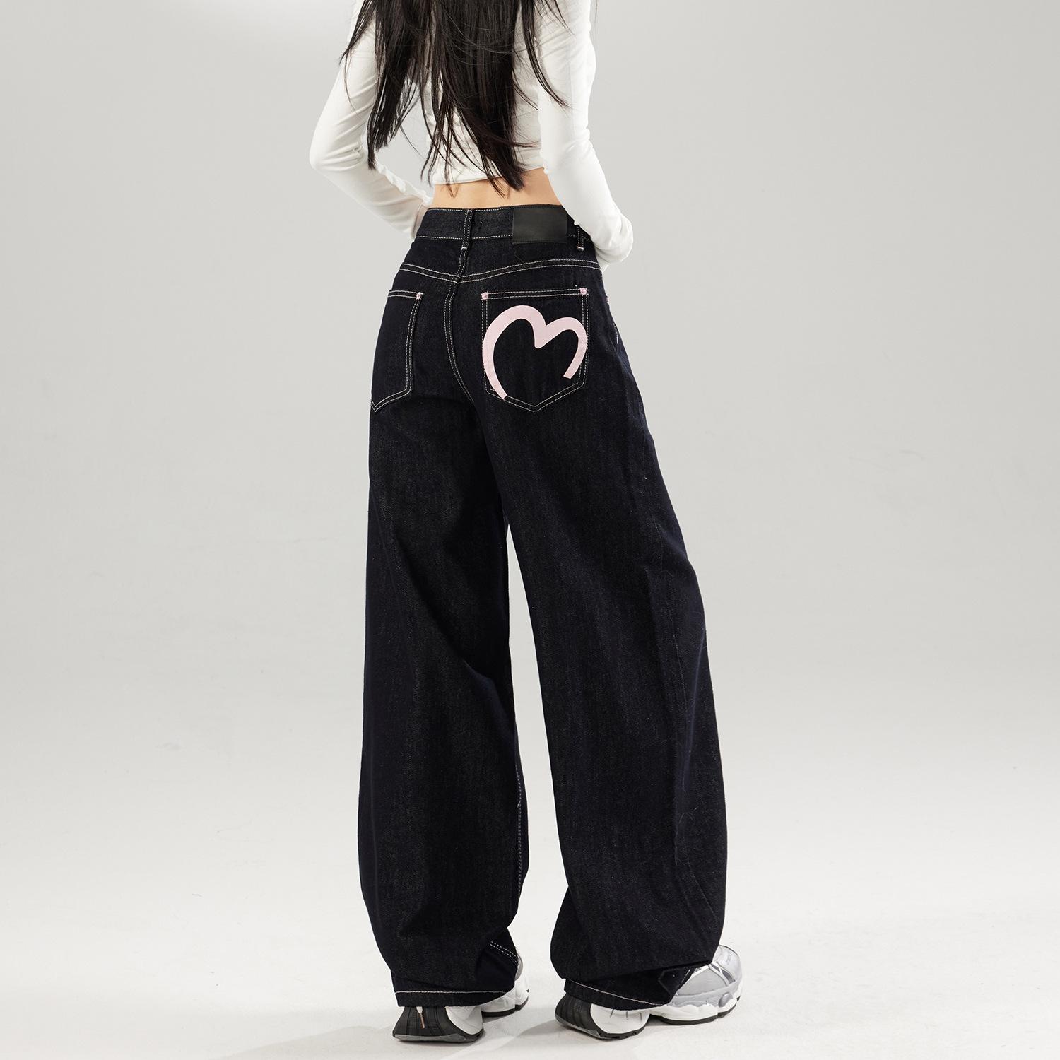 

Women s American Heart Print Wide Leg Jeans - 2026 Spring Slimming Design, Loose Fit, Versatile Straight Leg Pants L