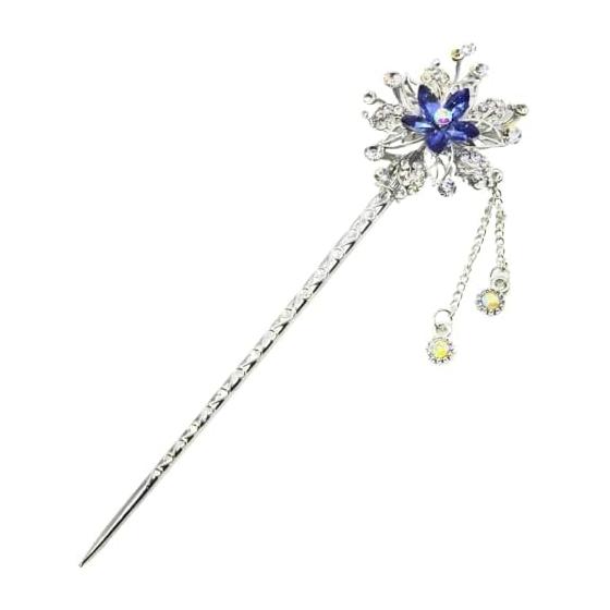 Miao Miao Hairpin Kanzashi for Japanese Kimono, Yukata, Formal Wear - Antique Silver with Blue Crystal Snowflake