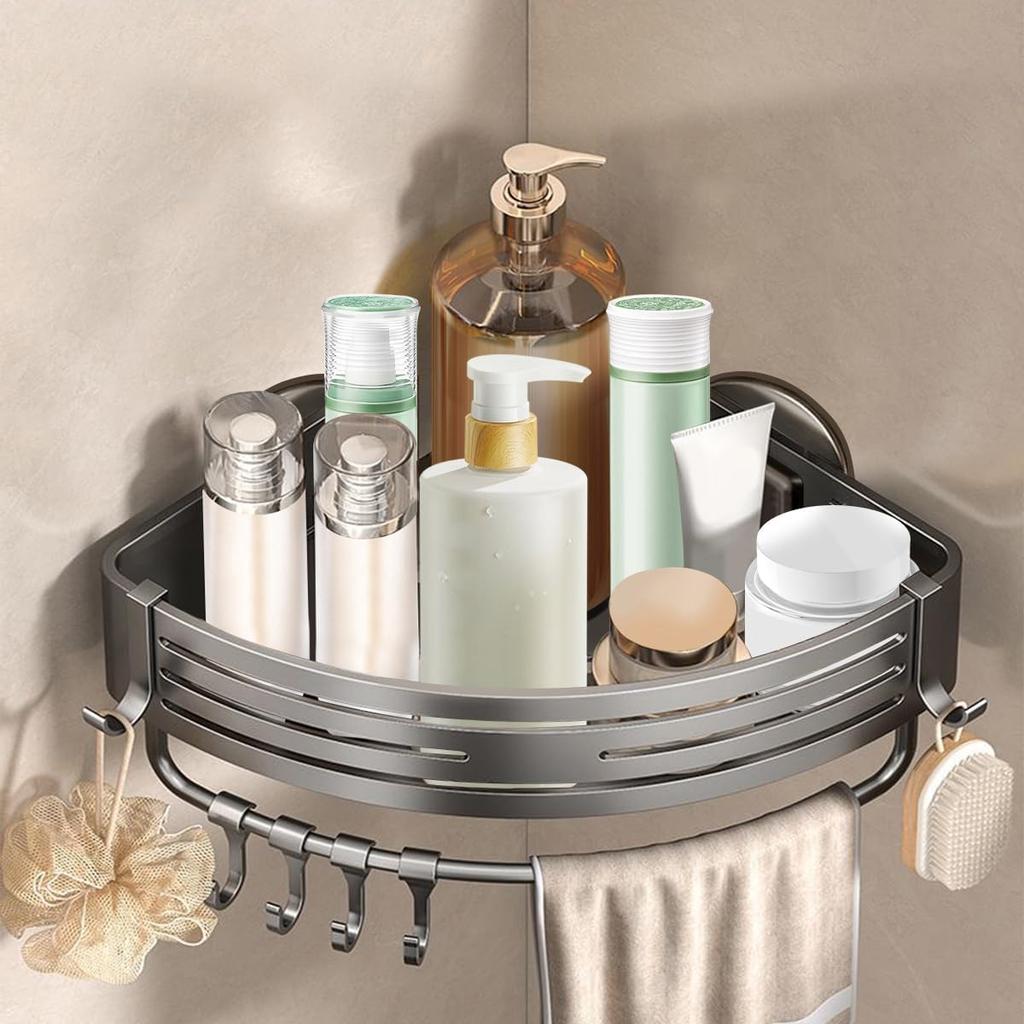 Set of 2 Wall Mounted Bathroom Corner 2 Adhesive Screw Space for Towel Small Item Aluminum Rack, Tier, Grey, Waterproof, & Mounting, Saving,