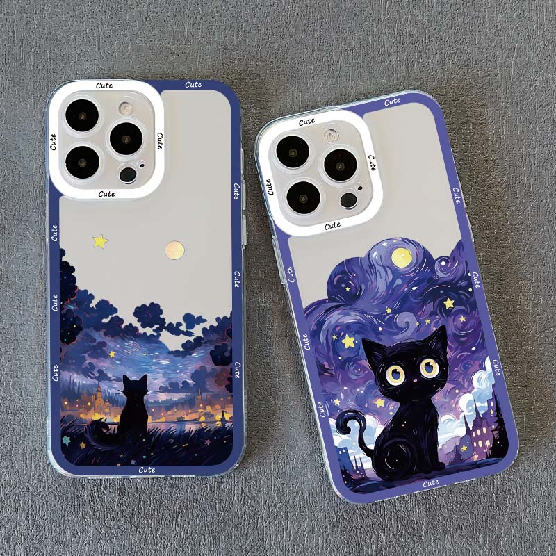 Coque de téléphone Chat Ciel Étoilé pour iPhone 13 12 Pro Max 15 14 Pro Max Plus 11 XR XS X 8 7 Plus SE 2020 Coque Arrière Souple Transparente Fundas