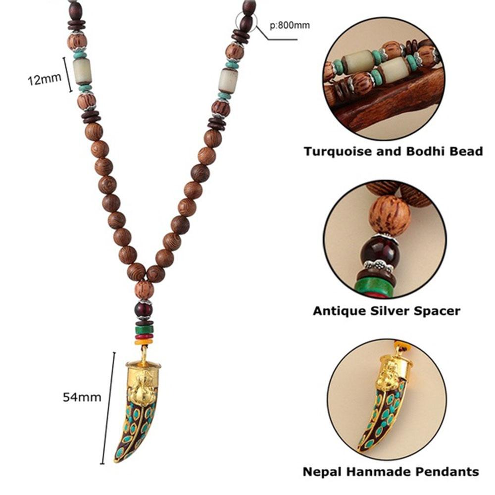 Ethnic Women Buddhist Jewelry Horn Nepal Wood Beads Pendant Necklace Long Necklace