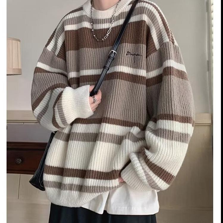 Tejido de punto a rayas retro japonés: Suéter holgado unisex de otoño/invierno
