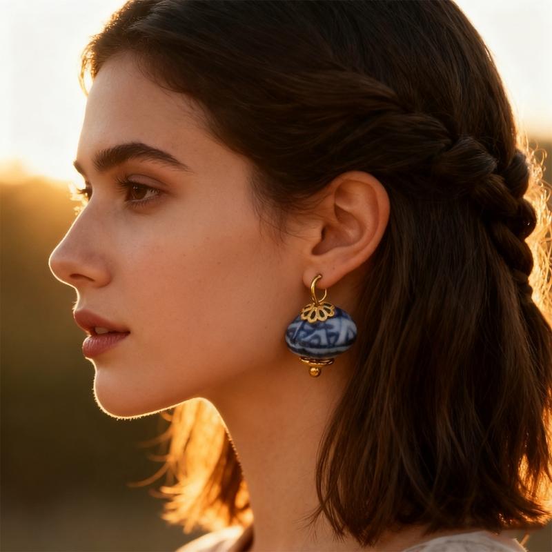Accessori Orecchini Irregolari in Porcellana Blu Dipinta a Mano Acciaio Inossidabile Materiali per Artigianato