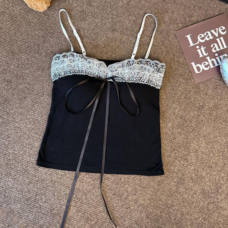 

Летняя женская милая сексуальная майка без рукавов с бантиком, кружевной вставкой и чашечками чёрный
