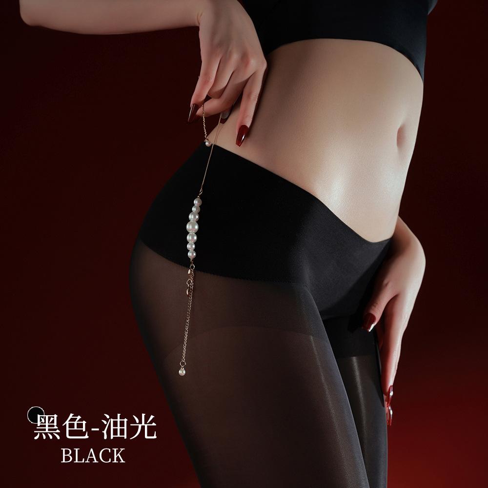 Sexy Pearl Chain  Open Crotch Pantyhose Thin Sheer Oil Shiny Elastic Low Waist Tights Vintage Pantyhose Women's Exotic Lingerie