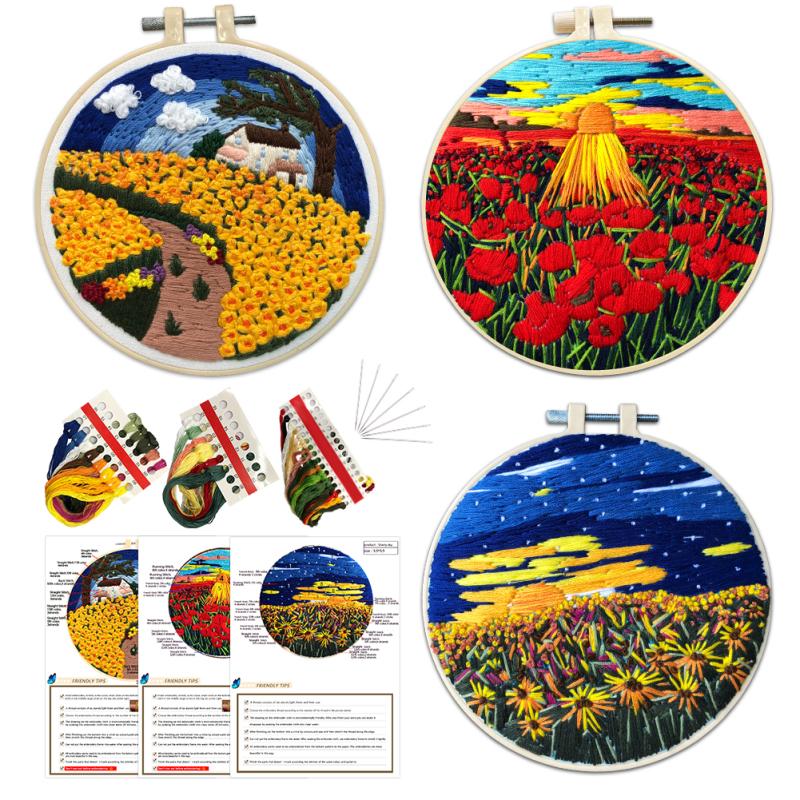 

3pcs Cotton Linen Landscape Embroidery Fabric Kit With Diy Material Package 15cm Bamboo Embroidery (Love in the Morning + W