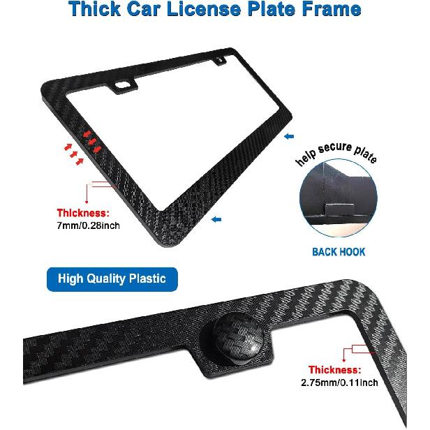 Black Carbon Fiber License Plate Frames, Plastic Number Plate Holder Print Carbon Pattern for Men and Women, 2 Pack with Screws Caps for Front Rear