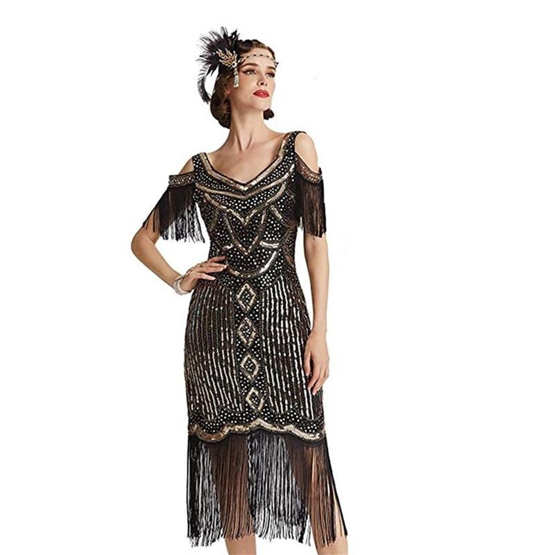 Women's 1920s Gatsby Flapper Dress, Vintage Sequin Fringe V-Neck Cocktail Party Dress