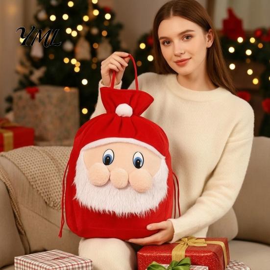 Fabric Present Pouch Christmas Santa Claus Sack, Adjustable Drawstring Gift Bag, 3D Festival Candy Bags Pouch, Holiday Party Supplies Xmas Favor