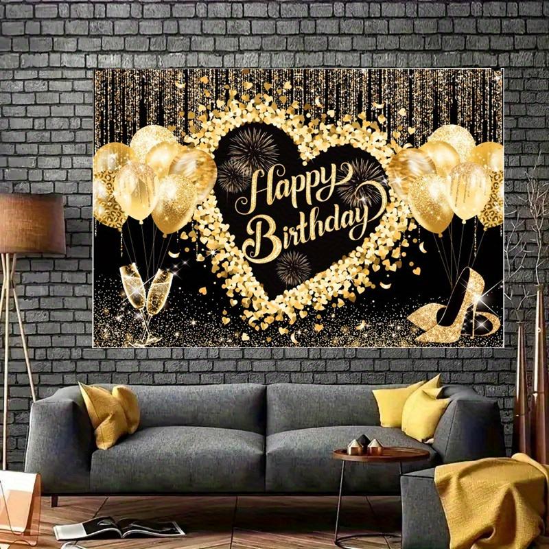 Of Elegant Happy Birthday Anniversary Banner, Hard-wearing Polyester, Gold & Black Theme with Balloons, Stars, Champagne Motif, Perfect for Party,