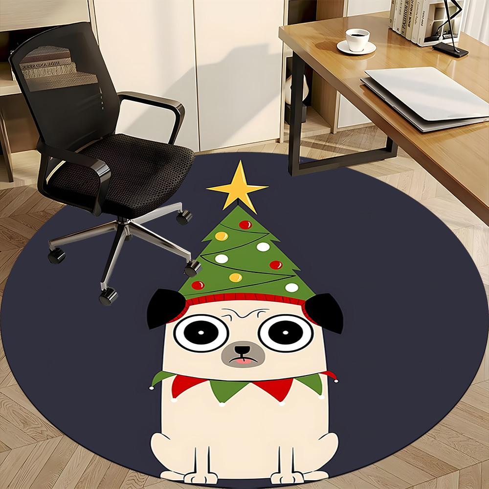1pc Christmas Pug Office Round Area Rug, Indoor Mat Suitable ForOffice, Under Office Chairs Bedroom Living Room Home Decor, Room Deco T117