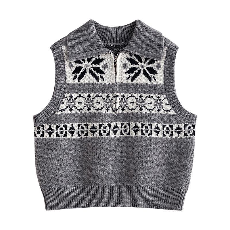 Women's Fair Isle Jacquard Lapel Sleeveless Sweater Vest