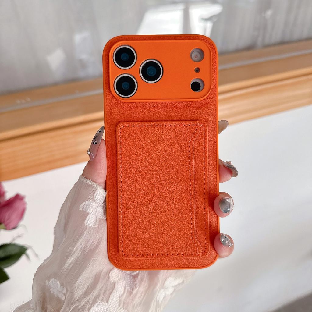 Orange Color Card Holder Leather Case For iPhone 17 Air 16 E 15 14 13 12 Mini 11 Pro X XR XS Max 7 8 Plus SE Wallet Pocket Cover