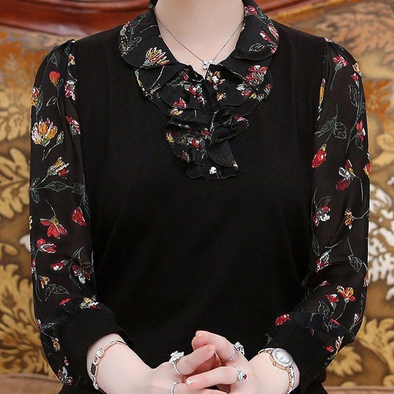 New Spring and Autumn Middle-aged T-shirts Large Size Loose Flesh-covering Casual Tops Long-sleeved Shirts Slimming Bottoming Shirts