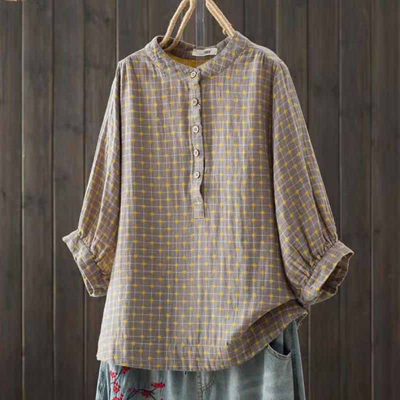 Short-sleeved Double-layer Cotton Yarn Shirt Women's Large Size Pullover Shirt Thin Stand-up Collar Shirt