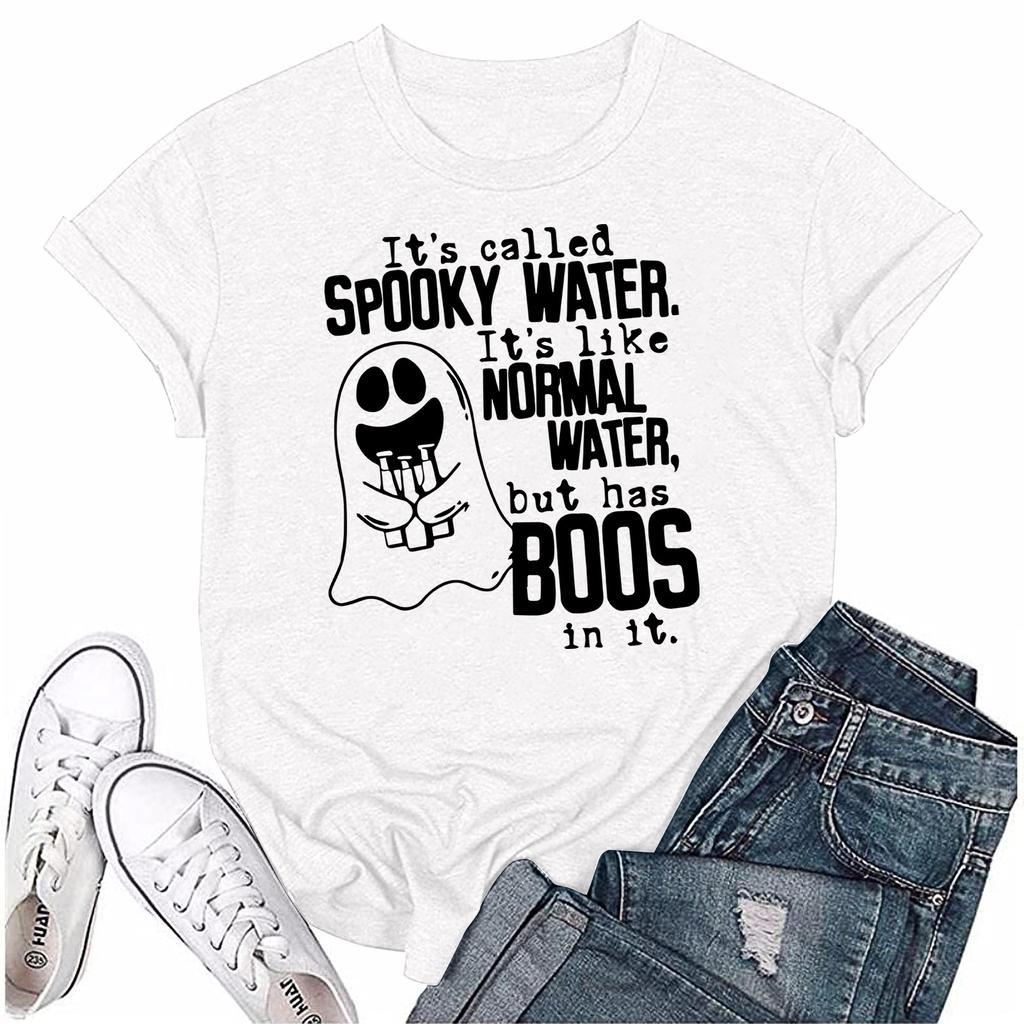 Women's Halloween Ghost Print Short Sleeve Loose Round Neck Pullover Top